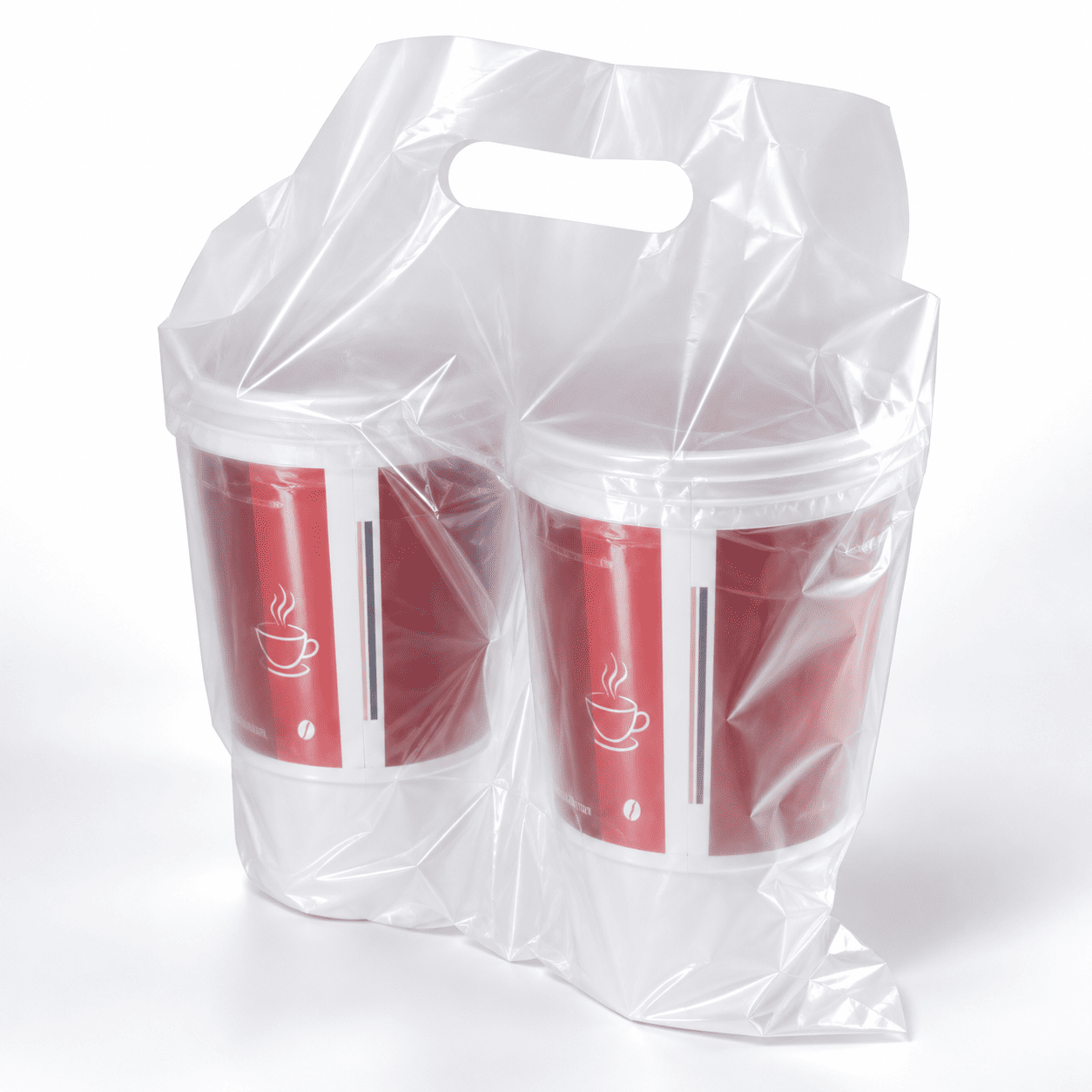 Illustrative two-cup carrier bag with an oval handle opening