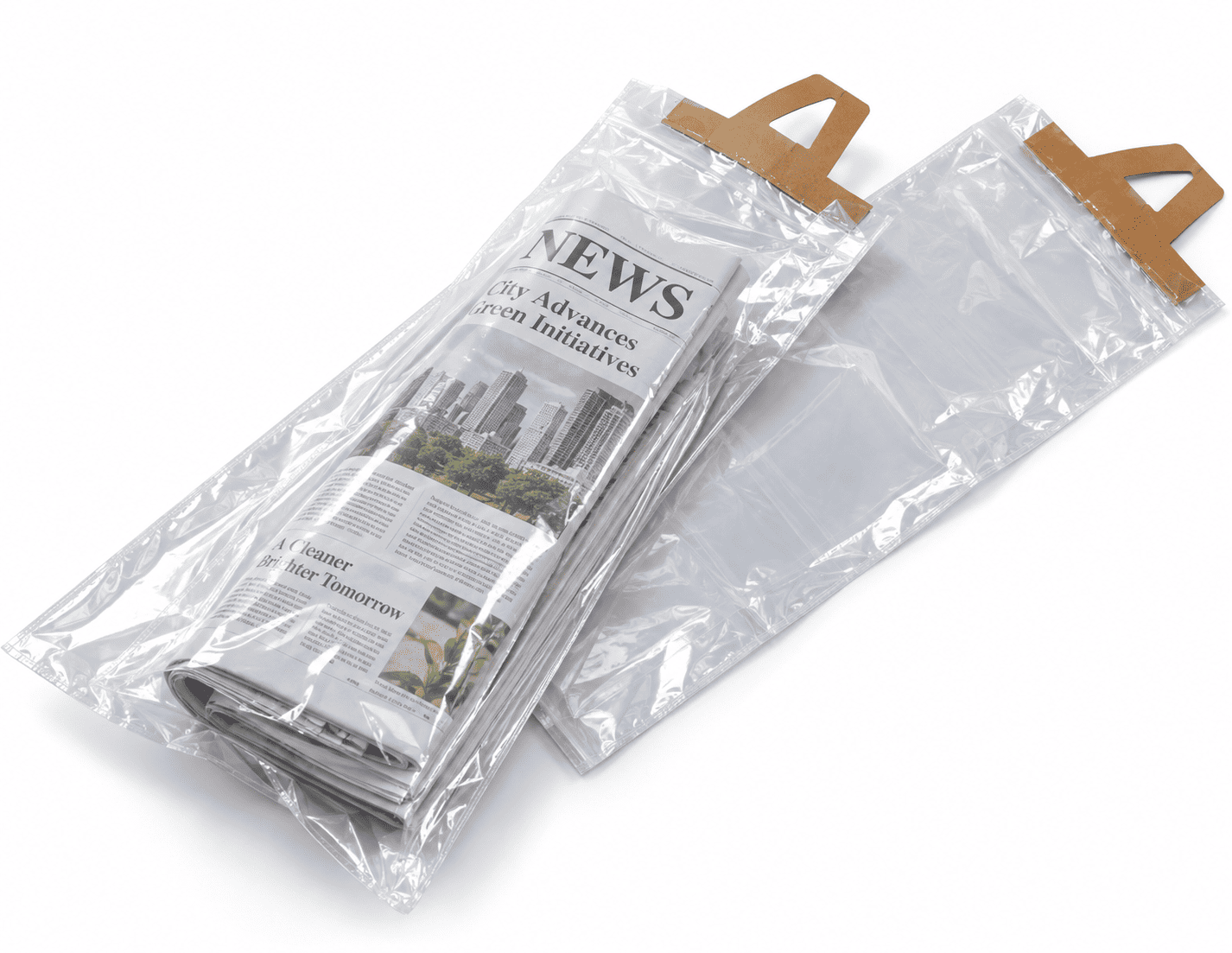 Illustrative newspaper sleeves shown with cardboard carry handles