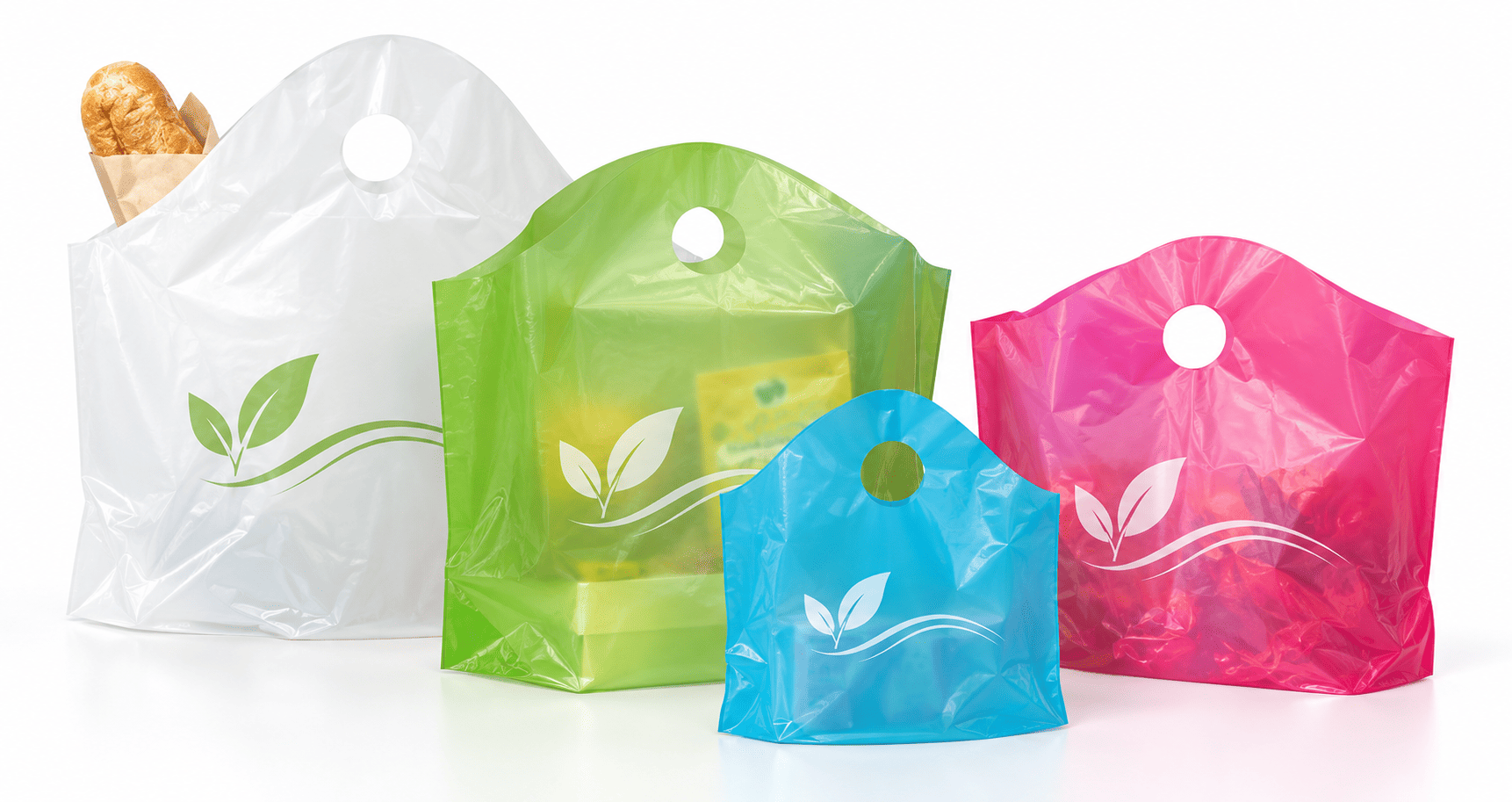Illustrative wave top carry-out bags with curved tops and circular handle openings