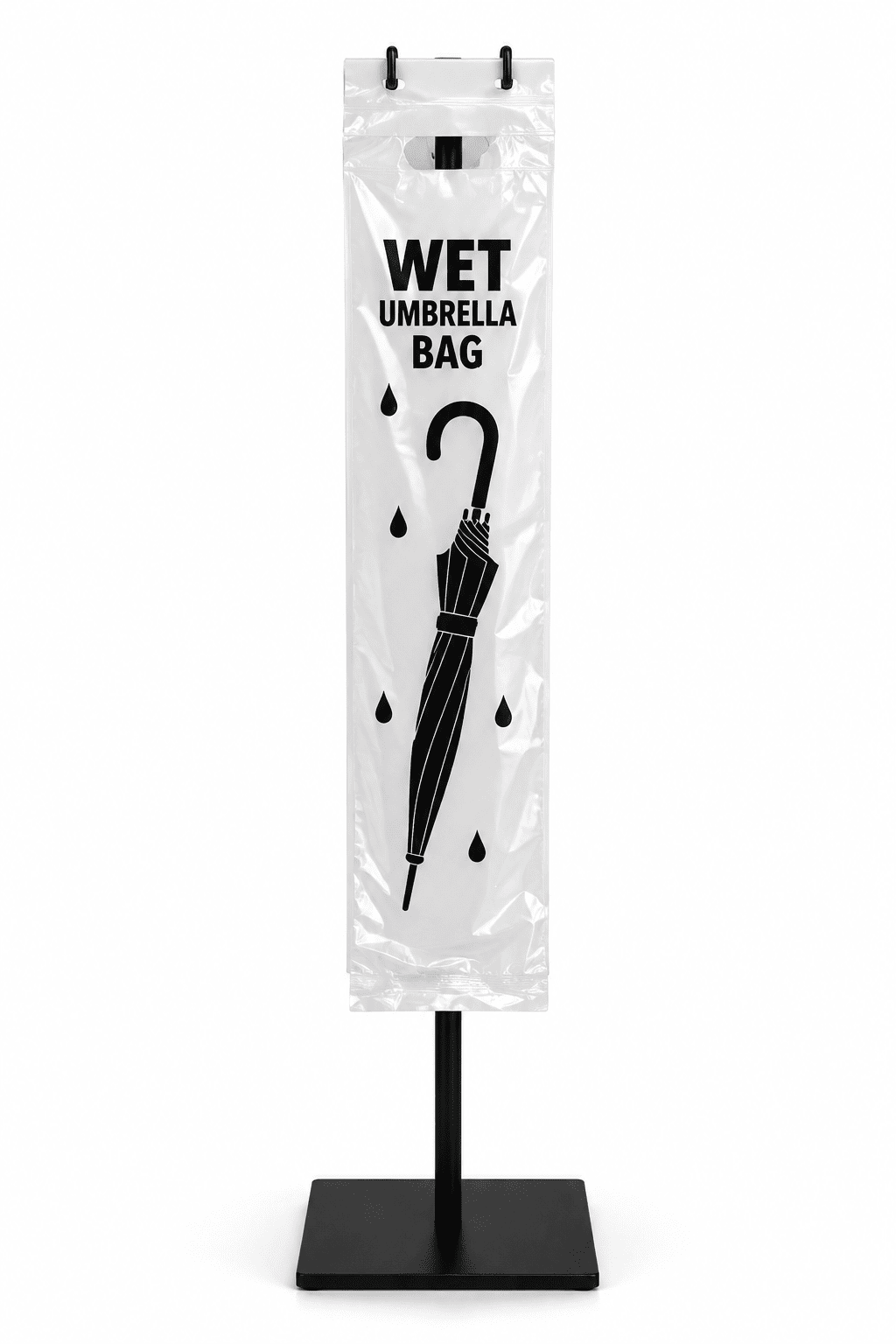 Illustrative wet umbrella sleeves displayed on a dispensing stand