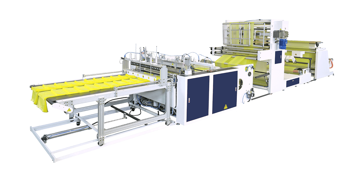 Fully Automatic High Speed 3 Lines Bottom Seal Bags Making Machine with Hot Slitting & Side Gusseting Unit and Diecut Device