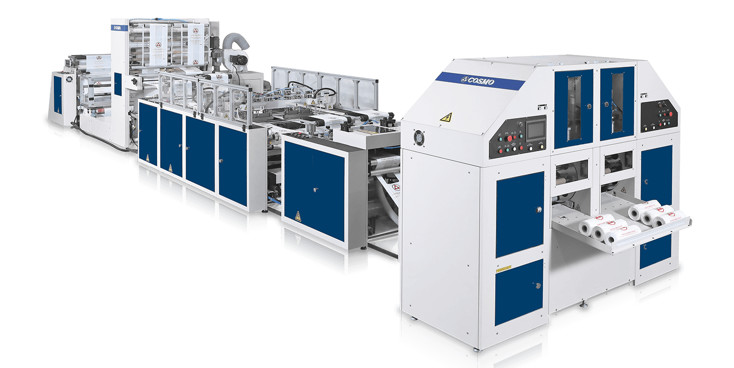 Fully Automatic High Speed 2 Lines with Core T-Shirt & Bottom Seal Bag on Roll Making Machine with Slitting & Gusseting Unit Fully Automatic High Speed 2 Lines with Core T-Shirt & Bottom Seal Bag on Roll Making Machine with Slitting & Gusseting Unit